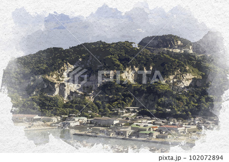 水彩画風 屋島 庵治石加工場 丁場 庵治半島 香川県高松市 水彩画風 屋島 庵治石加工場 丁場 庵治半島 香川県高松市 102072894