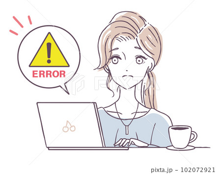 パソコンでエラーが出て困る女性　機械に弱い人　プログラミングエラー　困り顔　ベクターイラスト素材 102072921