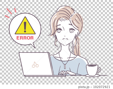 パソコンでエラーが出て困る女性　機械に弱い人　プログラミングエラー　困り顔　ベクターイラスト素材 102072921