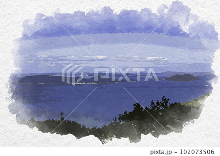 水彩画風 屋島 女木島と男木島 香川県高松市 水彩画風 屋島 女木島と男木島 香川県高松市 102073506