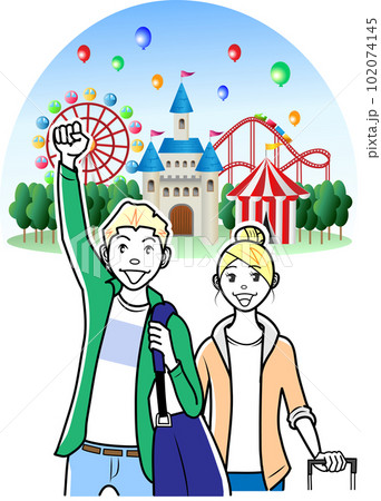 カップルで遊園地を訪れる外国人観光客 102074145