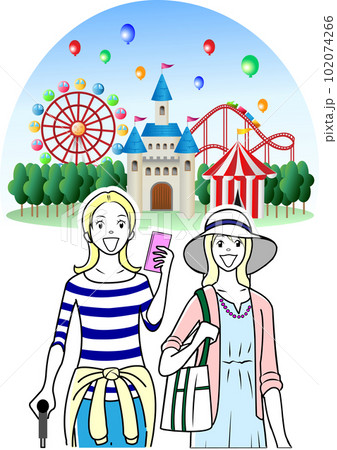 女性同士で遊園地を訪れる外国人観光客 102074266