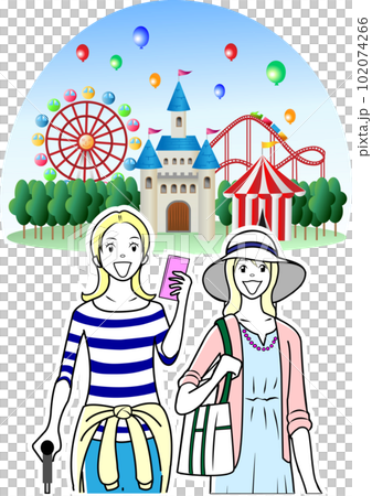 女性同士で遊園地を訪れる外国人観光客 102074266
