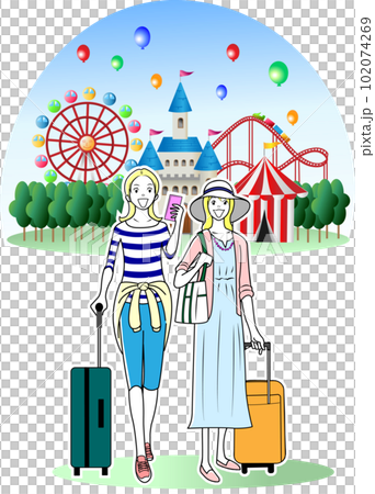 與婦女一起參觀遊樂園的外國遊客 與婦女一起參觀遊樂園的外國遊客 102074269