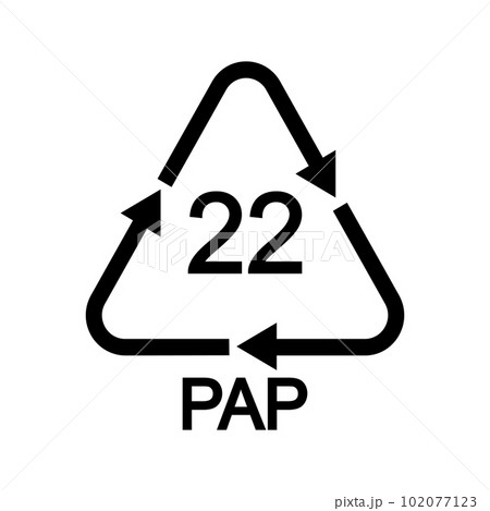Regular paper recycling sign. 22 PAP in triangular shape with arrows as newspaper, books, magazines, wrapping paper, wallpaper, paper bags reusable icon Regular paper recycling sign. 22 PAP in triangular shape with arrows as newspaper, books, magazines, wrapping paper, wallpaper, paper bags reusable icon 102077123