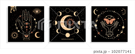 Banner set Mystical moon phases and woman hands and moth, alchemy esoteric magic space, sacred wheel of the year, vector isolated on black background Banner set Mystical moon phases and woman hands and moth, alchemy esoteric magic space, sacred wheel of the year, vector isolated on black background 102077141