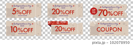 帶有別緻星形圖案的優惠券矢量圖標集，可用於獨立日銷售 102078950