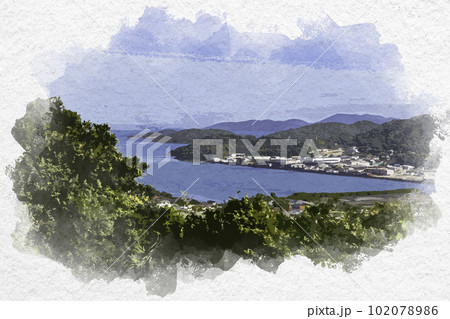 水彩画風　屋島の戦い古戦場　庵治半島　香川県高松市 102078986