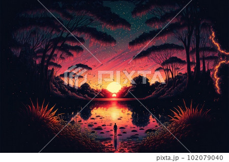 夢のようなアニメ風の夕日の風景イラスト 102079040