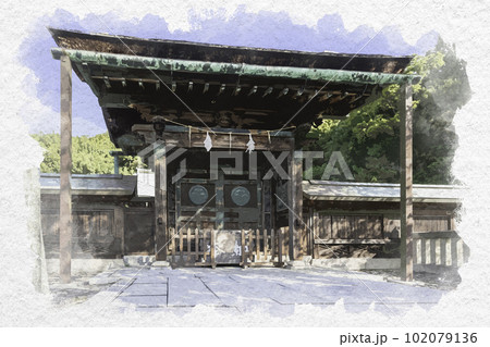 水彩画風　屋島神社　神門　香川県高松市 102079136