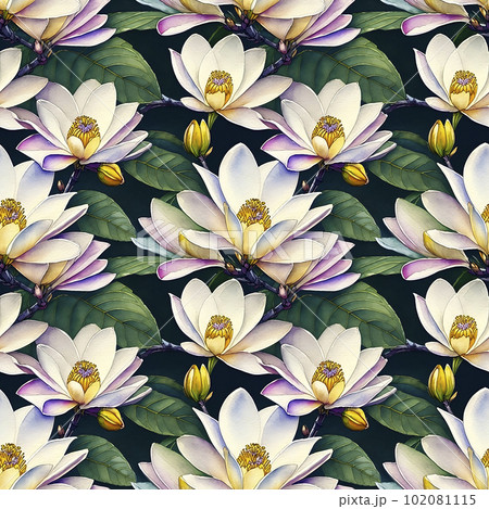 Tropical seamless Magnolia pattern with green leaves on dark green backdrop, watercolor illustration for textile, manufacturing, wallpapers, print, gift wrap and scrapbooking. AI generated 102081115