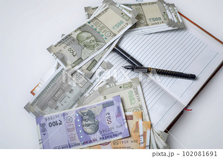Indian banknotes with pen on a open notebook on a white background. Business concept 102081691