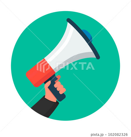 Illustration of human hand with megaphone in flat style. Design element for logo, label, sign, poster, t shirt. Vector illustration Illustration of human hand with megaphone in flat style. Design element for logo, label, sign, poster, t shirt. Vector illustration 102082326