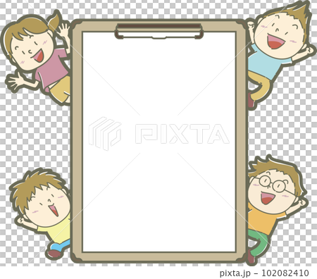 Children jumping out happily from behind binders Children jumping out happily from behind binders 102082410