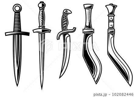 Set of illustration of daggers in engraving style. Design element for logo, label, emblem, sign. Vector illustration Set of illustration of daggers in engraving style. Design element for logo, label, emblem, sign. Vector illustration 102082446