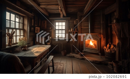 Chalet Cozy Interior Wooden cottage and Fireplace in the winter. Rustic Home Design for Warm Indoor Space Alpine Vacation. Modern Cottage Living Room Decor with Wood Wall and Furniture. Winter Holiday 102082691