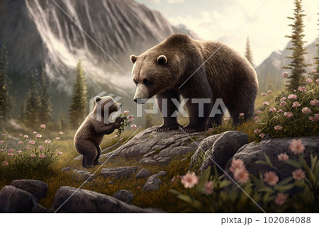 ヒグマの親子のイメージ:AI生成画像 ヒグマの親子のイメージ:AI生成画像 102084088