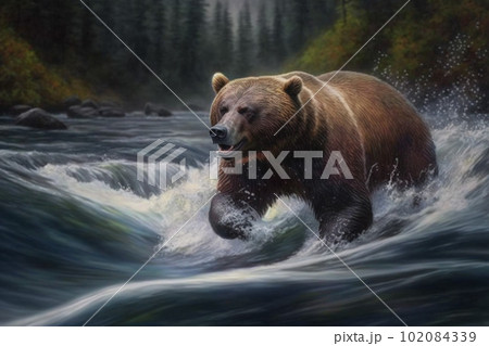 川を駆けるヒグマのイメージ：AI生成画像 102084339