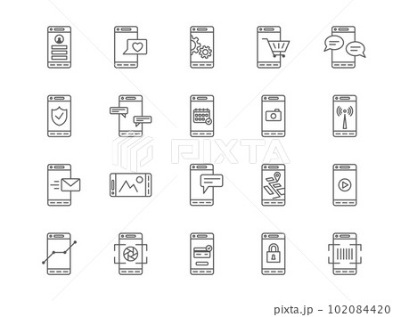 Mobile line symbols. Cellphone payment. Screen lock icons. Statistics smartphone function. Setting and search gear. Notification service. Phone application. Vector app pictograms set 102084420