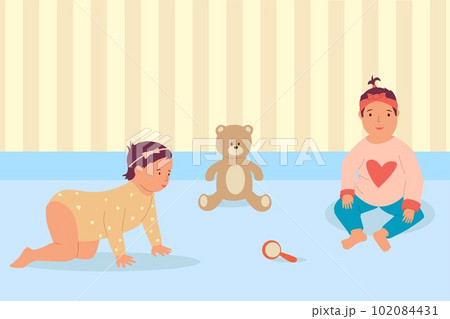 Baby girls. Toddlers with toys. Daughters play game together. Little children sitting or crawling on nursery floor. Happy kids in rompers. Plush bear and rattle. Vector cartoon illustration 102084431