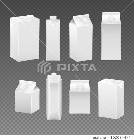 Carton milk, juice box. Mockup pack for drink bottle, 3d small paper product packaging, blank white food template. Cold drinks bottles. Vector realistic containers with caps set Carton milk, juice box. Mockup pack for drink bottle, 3d small paper product packaging, blank white food template. Cold drinks bottles. Vector realistic containers with caps set 102084474