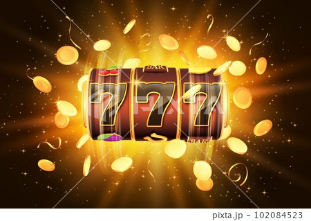 Casino jackpot. Glowing 777 lucky number. Money win. Slot machine. Golden coins. 3D bingo or bet. Fortune elements. Play gamble game. Gold confetti and sparkles. Vector gambling banner Casino jackpot. Glowing 777 lucky number. Money win. Slot machine. Golden coins. 3D bingo or bet. Fortune elements. Play gamble game. Gold confetti and sparkles. Vector gambling banner 102084523