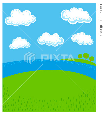Riverside with island, trees and clouds. Vector background cartoon illustration isolated on white. 102085364