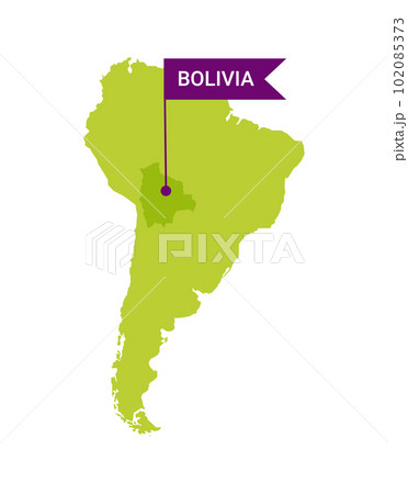 Bolivia on an South America s map with word Bolivia on a flag-shaped marker. Vector isolated on white. Bolivia on an South America s map with word Bolivia on a flag-shaped marker. Vector isolated on white. 102085373