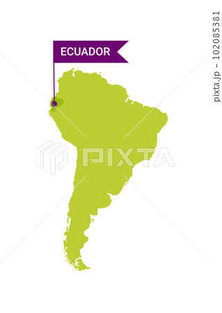 Ecuador on an South America s map with word Ecuador on a flag-shaped marker. Vector isolated on white. Ecuador on an South America s map with word Ecuador on a flag-shaped marker. Vector isolated on white. 102085381