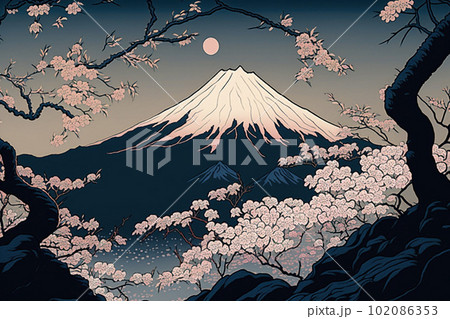 桜と富士山（浮世絵風）：AI生成画像のイラスト素材 [102086353