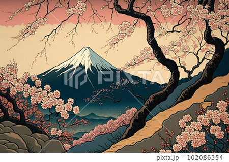 桜と富士山（浮世絵風）：AI生成画像のイラスト素材 [102086354