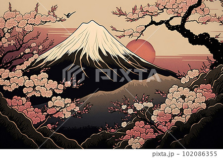 桜と富士山（浮世絵風）：AI生成画像のイラスト素材 [102086355] - PIXTA