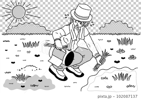 強い日差しの中で草むしりをする男性のモノクロイラスト 102087137
