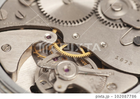 Mechanism, clockwork of a stopwatch, close-up. Vintage luxury background. Time, work concept Mechanism, clockwork of a stopwatch, close-up. Vintage luxury background. Time, work concept 102087786