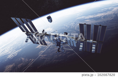 Commercial Spacecraft Docking To International Space Station On Background Of Earth. 3D Illustration. 102087820