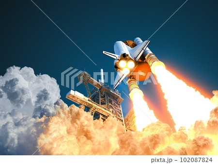 Space shuttle takes off on background of blue sky. 3d illustration. 102087824