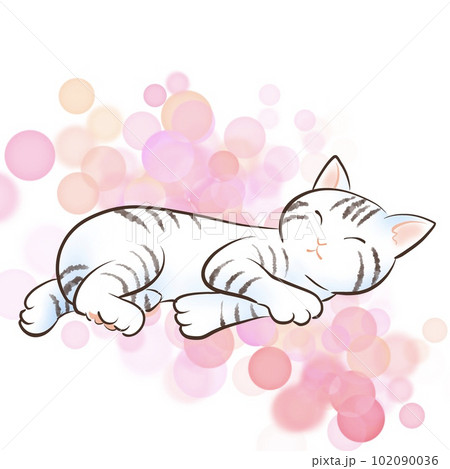 かわいいネコがのんびり寝ているイラストのイラスト素材 [102090036