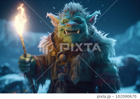 Cute looking orc shaman. Troll mage in the winter mountains. Goblin wizard in a snowy landscape Cute looking orc shaman. Troll mage in the winter mountains. Goblin wizard in a snowy landscape 102090670