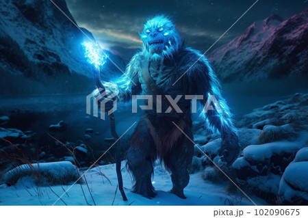 Cute looking orc shaman. Troll mage in the winter mountains. Goblin wizard in a snowy landscape 102090675