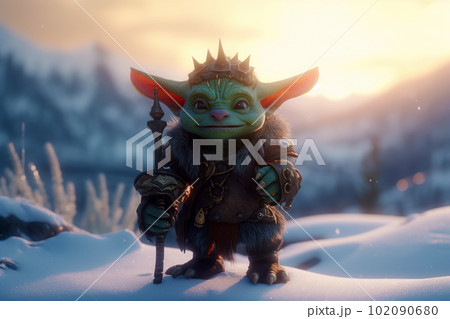 Cute looking orc warrior. Troll warrior in the winter mountains. Goblin warlord in a snowy landscape 102090680