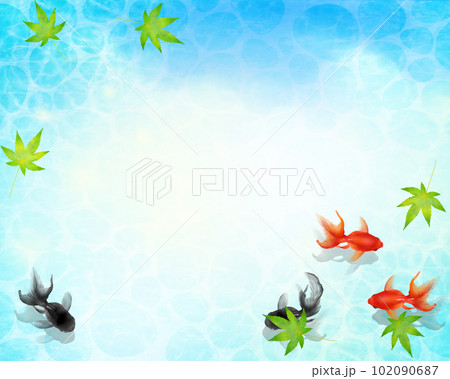 紅葉の葉、水の中を赤い色と黒色の金魚が優雅に泳ぐ水の波紋が美しいデザインのベクター夏フレーム素材 紅葉の葉、水の中を赤い色と黒色の金魚が優雅に泳ぐ水の波紋が美しいデザインのベクター夏フレーム素材 102090687