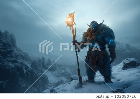 Brutal looking orc shaman. Troll mage in the winter mountains. Goblin wizard in a snowy landscape 102090716