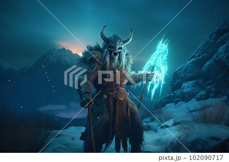 Brutal looking orc shaman. Troll mage in the winter mountains. Goblin wizard in a snowy landscape Brutal looking orc shaman. Troll mage in the winter mountains. Goblin wizard in a snowy landscape 102090717