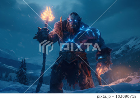 Brutal looking orc shaman. Troll mage in the winter mountains. Goblin wizard in a snowy landscape Brutal looking orc shaman. Troll mage in the winter mountains. Goblin wizard in a snowy landscape 102090718