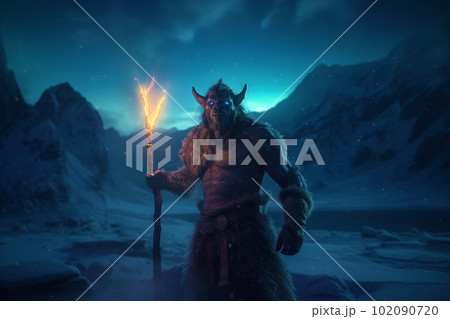 Brutal looking orc shaman. Troll mage in the winter mountains. Goblin wizard in a snowy landscape 102090720