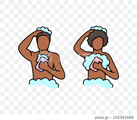 Man and woman African Americans bathe in the shower, colored graphic design. Bathroom, hygiene, body care, hair care, shampoo, soap and gel, vector design and illustration Man and woman African Americans bathe in the shower, colored graphic design. Bathroom, hygiene, body care, hair care, shampoo, soap and gel, vector design and illustration 102091668