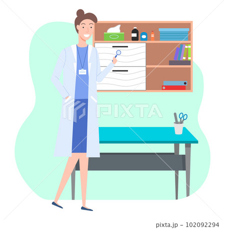 Female character doctor in medical office holding magnifying glass, therapist woman or nurse Female character doctor in medical office holding magnifying glass, therapist woman or nurse 102092294