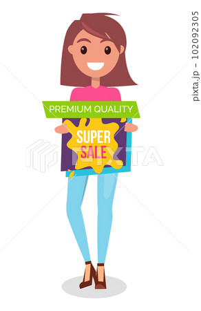Sale banner with beautiful young woman holding an advertising bright poster with lettering 102092305