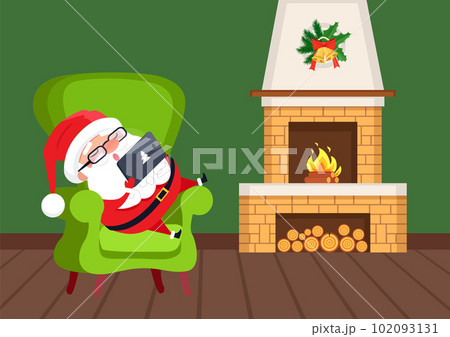 Santa Sitting on Armchair near Fireplace Vector Santa Sitting on Armchair near Fireplace Vector 102093131
