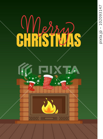 Merry Christmas Fireplace with Santa Stockings 102093147